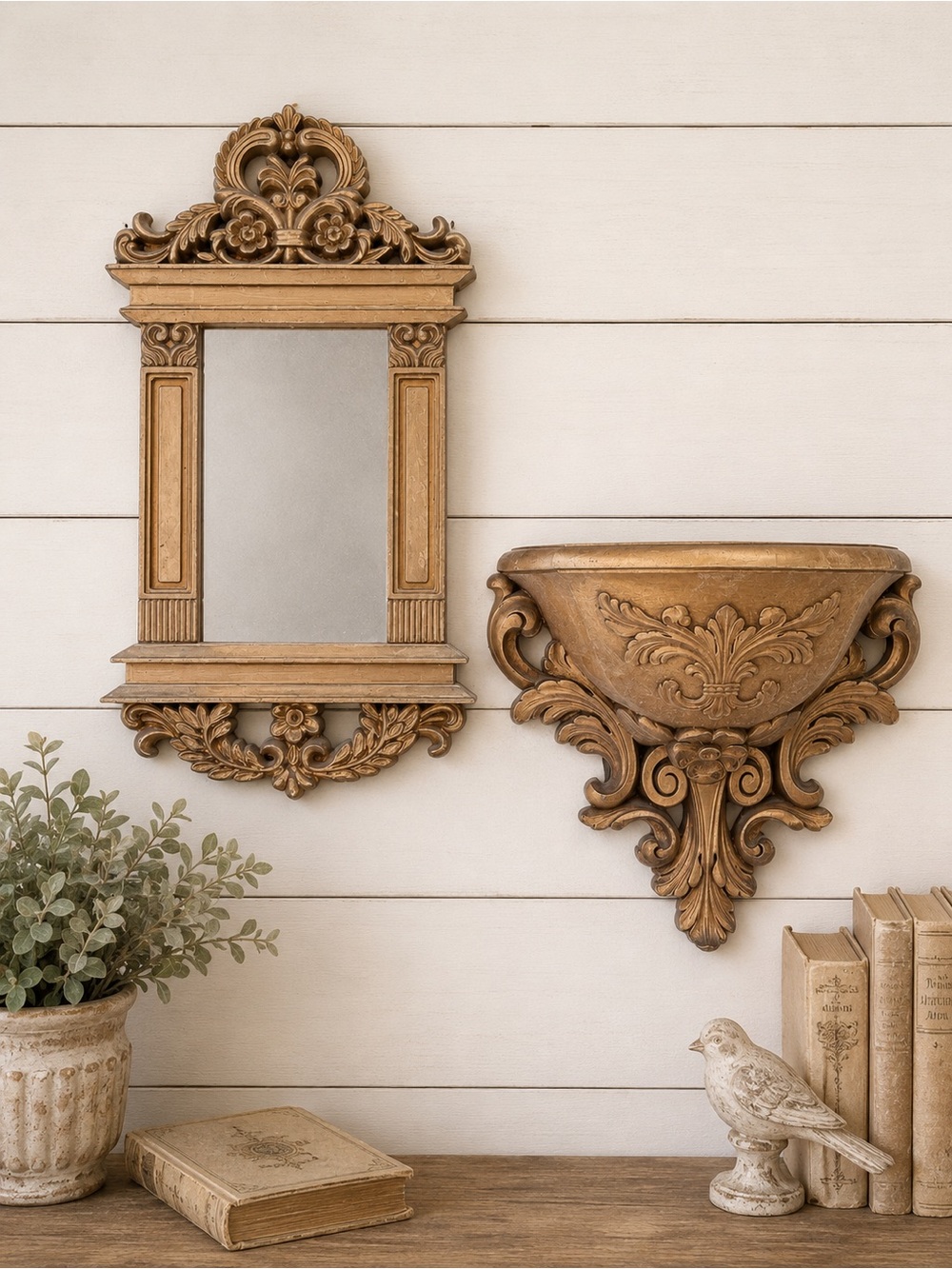Ornate Gold Wall Mirror and Shelf Set